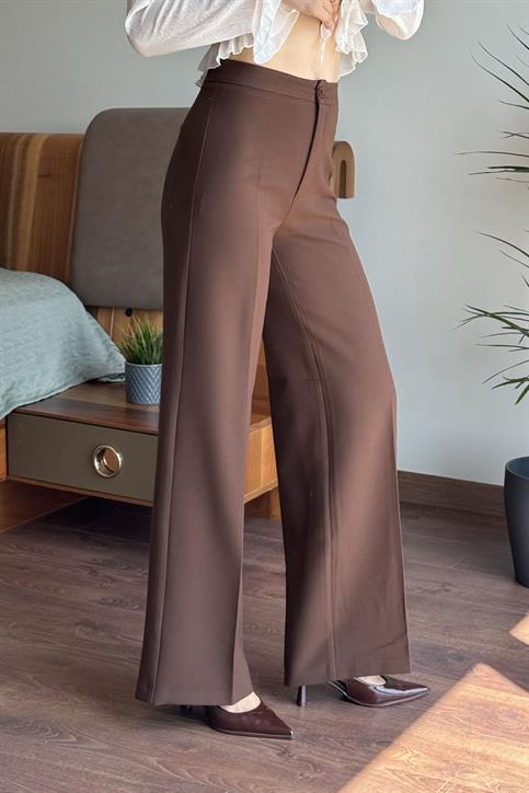 Kahverengi Tek Düğmeli Boru Paça Pantolon