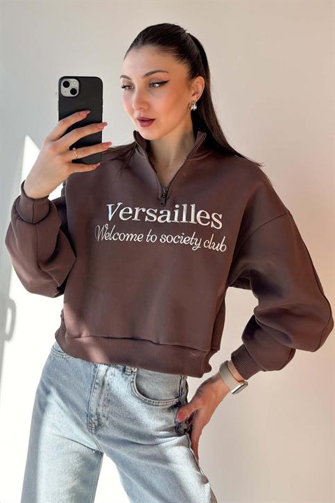 Kahverengi Versailles Yarım Fermuarlı Crop Sweatshirt
