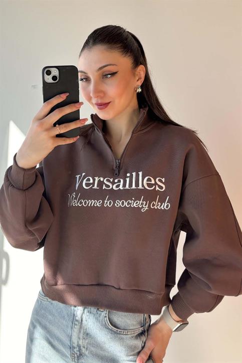 Kahverengi Versailles Yarım Fermuarlı Crop Sweatshirt