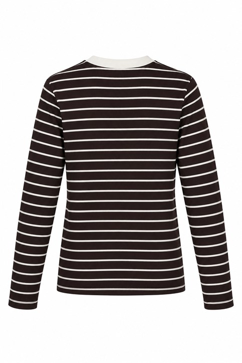 Kahverengi Yakası Ribanalı Uzunkollu Çizgili Sweatshirt