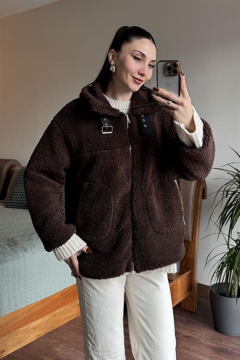 Kahverengi Yakası Toka Detaylı Teddy Biker Mont