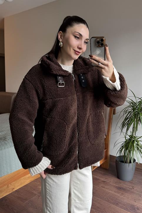 Kahverengi Yakası Toka Detaylı Teddy Biker Mont
