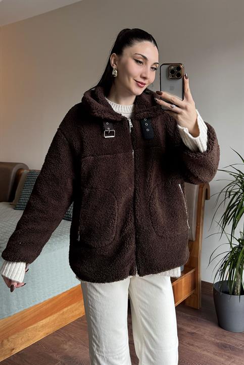 Kahverengi Yakası Toka Detaylı Teddy Biker Mont