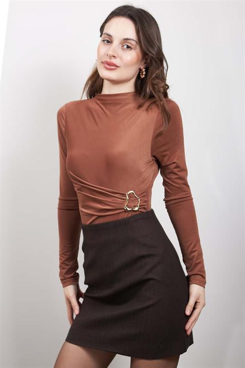 Kahverengi Yan Büzgü Detaylı Bodysuit