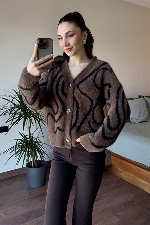 Kahverengi Zebra Desen Peluş Hırka