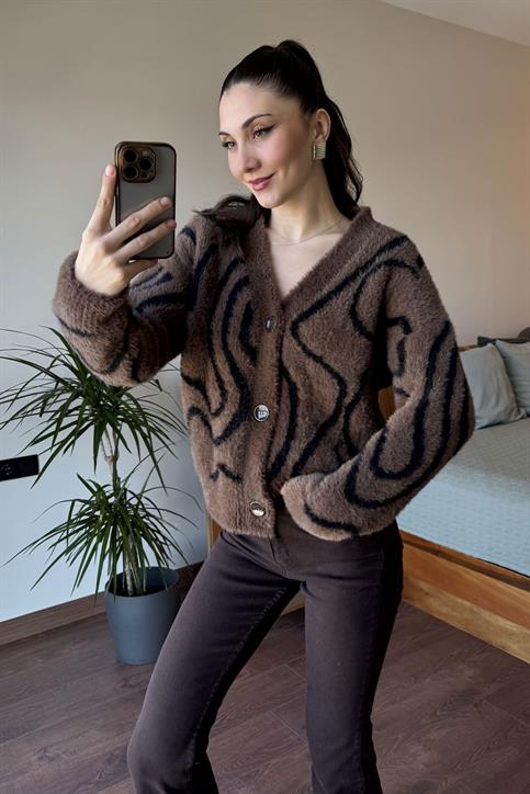 Kahverengi Zebra Desen Peluş Hırka