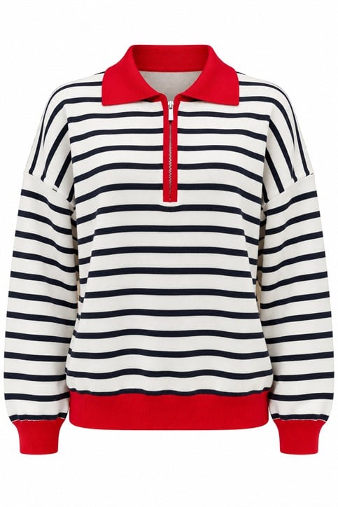 Kırmızı Aura Çok Renkli Fermuarlı Triko Sweatshirt