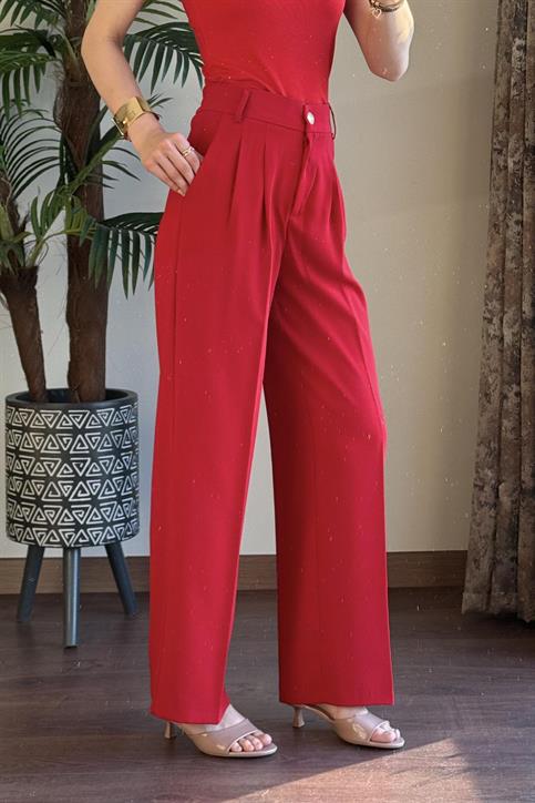 Kırmızı Beli Lastikli Gold Düğmeli Geniş Paça Pantolon
