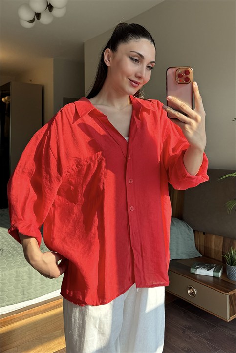 Kırmızı Düşük Omuzlu Oversize Gömlek