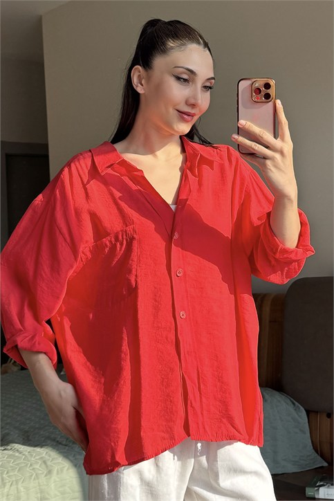 Kırmızı Düşük Omuzlu Oversize Gömlek