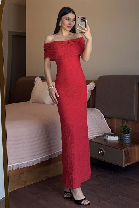 Kırmızı Madonna Yaka Dantel Elbise