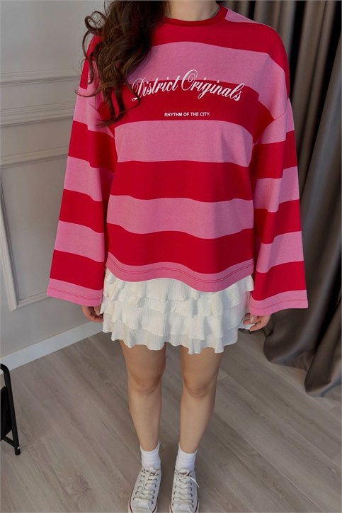Kırmızı Pembe Originals Arka Ön Baskılı Sweatshirt