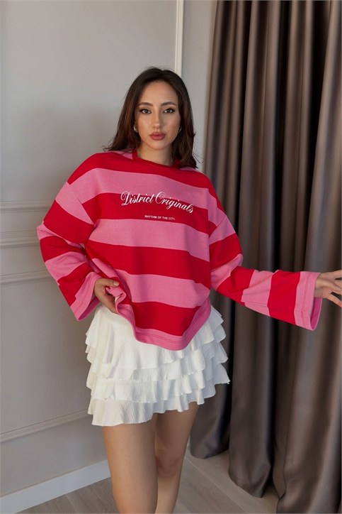 Kırmızı Pembe Originals Arka Ön Baskılı Sweatshirt