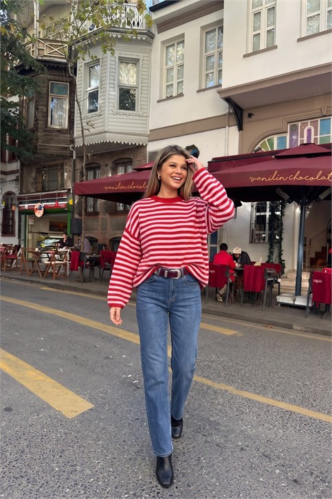 Kırmızı Pembe Oversize Çizgili Yün Triko