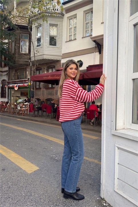 Kırmızı Pembe Oversize Çizgili Yün Triko