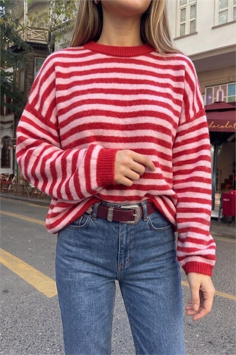 Kırmızı Pembe Oversize Çizgili Yün Triko