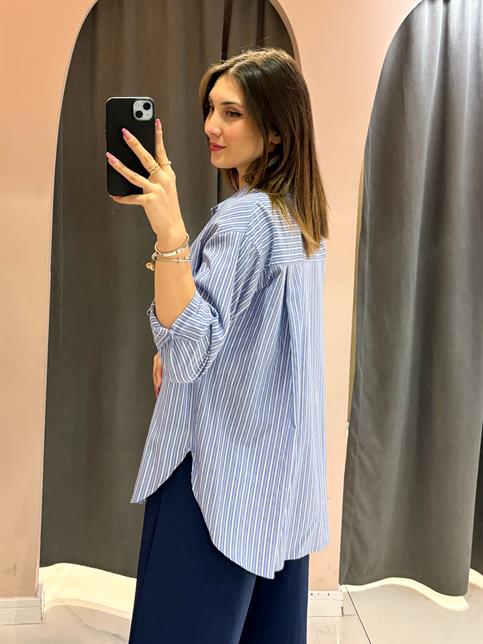 Koyu Mavi Çift Renk Çizgili Oversize Gömlek