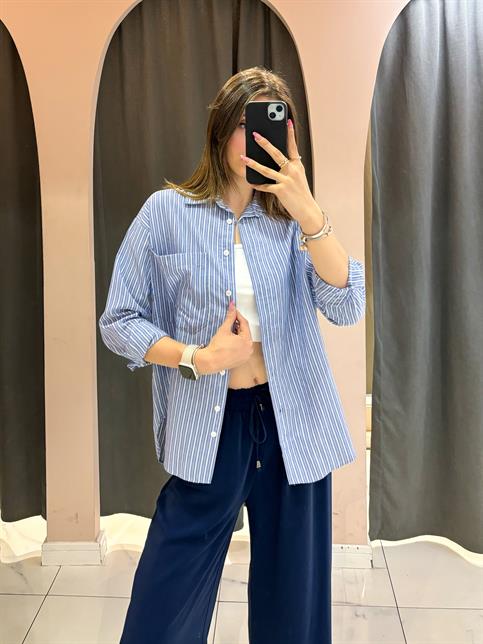 Koyu Mavi Çift Renk Çizgili Oversize Gömlek