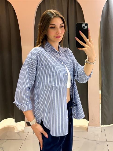 Koyu Mavi Çift Renk Çizgili Oversize Gömlek