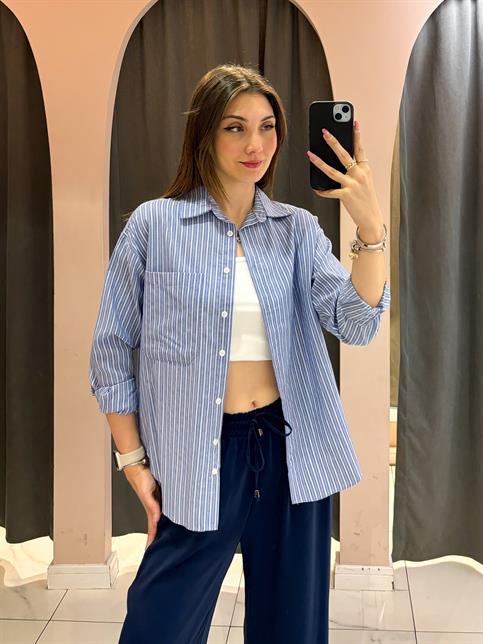 Koyu Mavi Çift Renk Çizgili Oversize Gömlek