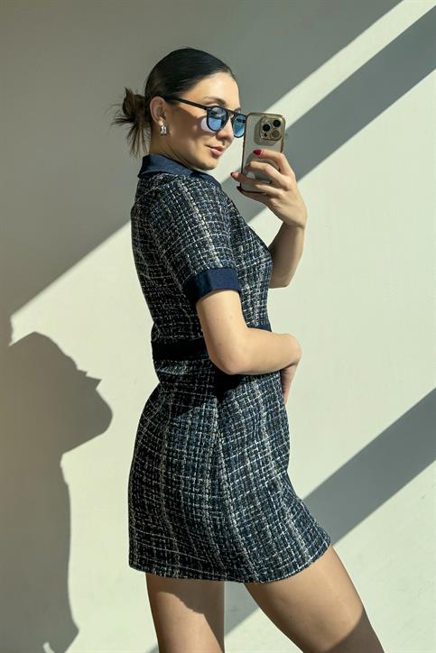 Koyu Mavi Denim Garnili Elbise