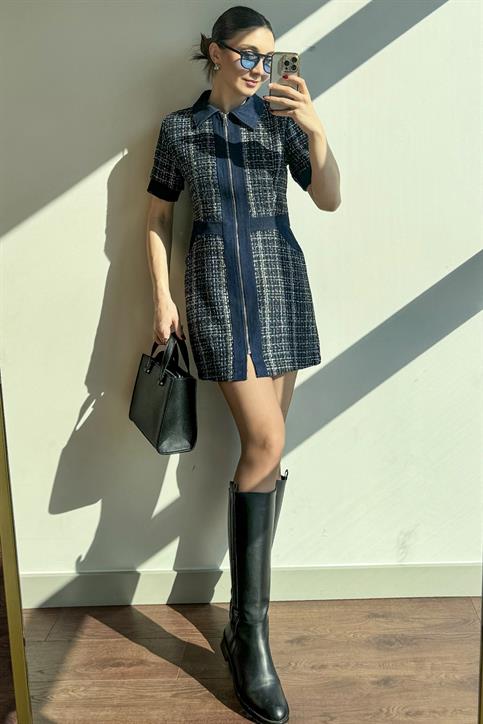 Koyu Mavi Denim Garnili Elbise