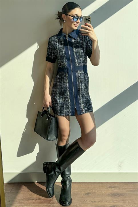 Koyu Mavi Denim Garnili Elbise