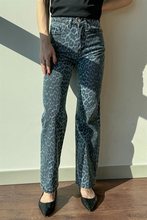 Koyu Mavi Leopar Desenli Straight Jean