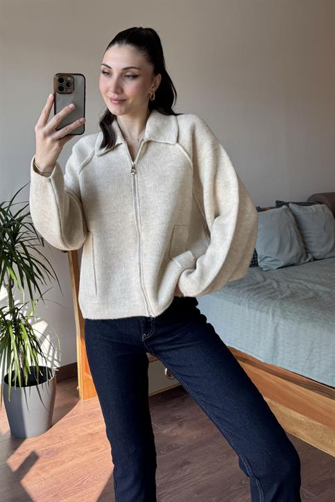 Krem Bogie Fermuarlı Oversize Ceket