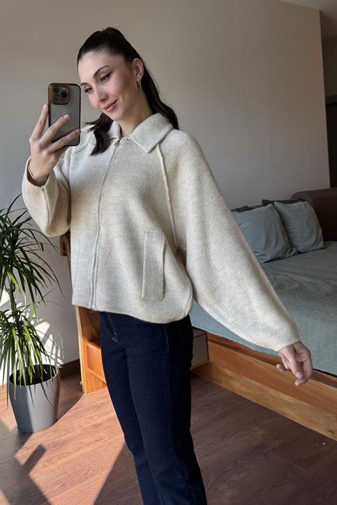 Krem Bogie Fermuarlı Oversize Ceket