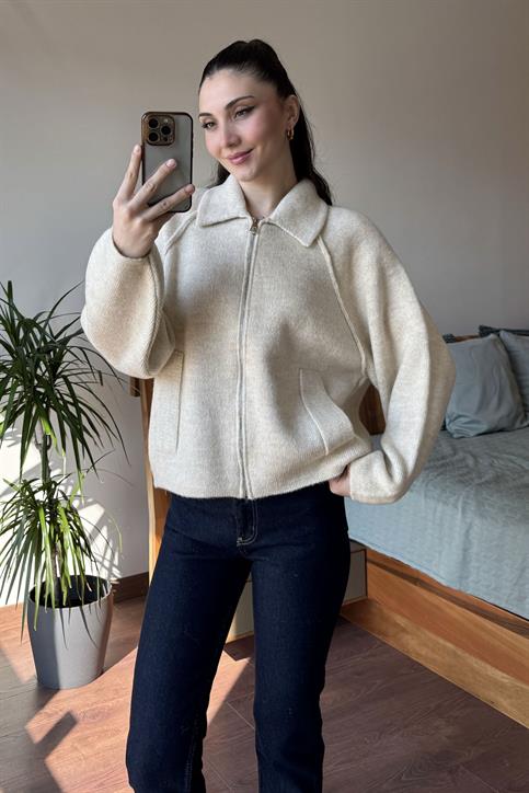 Krem Bogie Fermuarlı Oversize Ceket