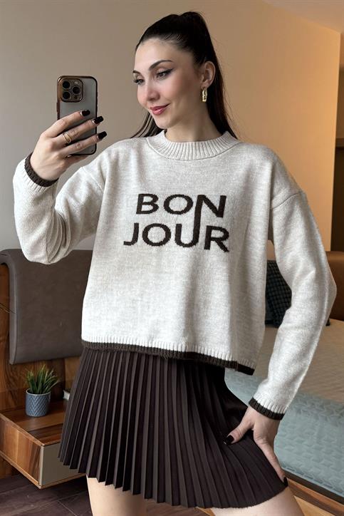 Krem Bonjour Ribana Detaylı Triko Kazak