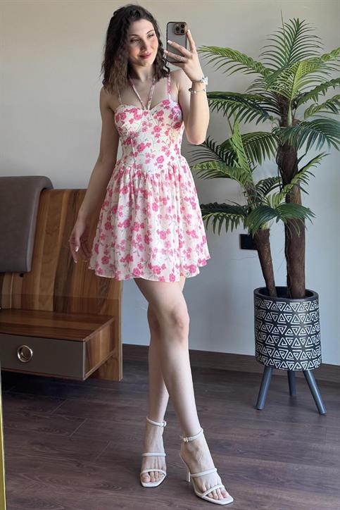 Krem Çiçek Desenli Mini Elbise