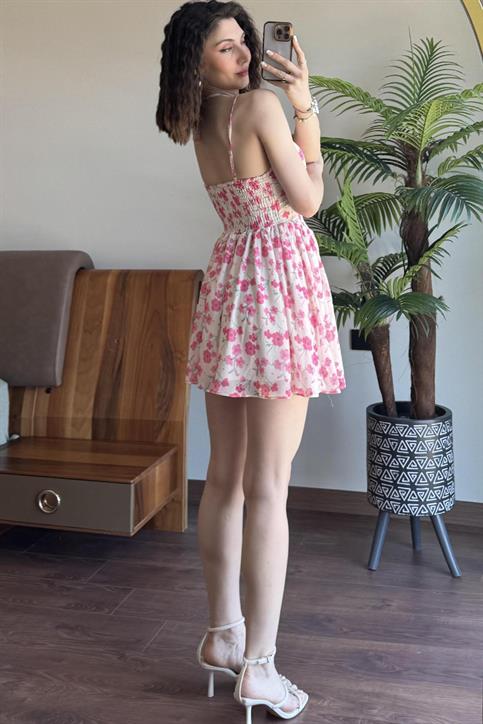 Krem Çiçek Desenli Mini Elbise