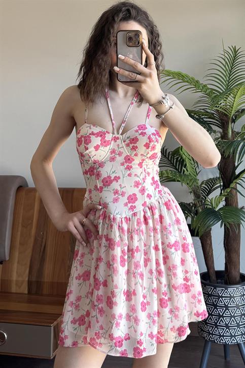 Krem Çiçek Desenli Mini Elbise