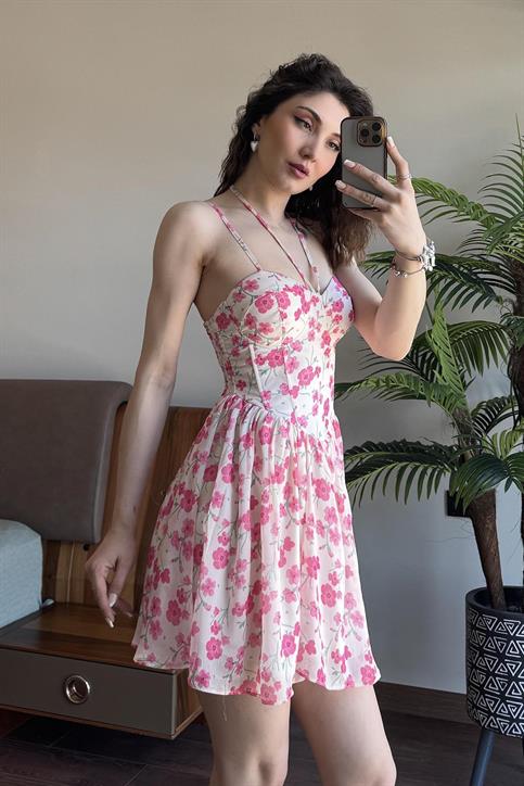 Krem Çiçek Desenli Mini Elbise