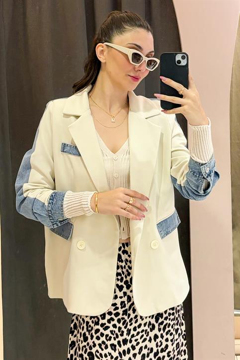 Krem Denim Garnili Oversize Blazer Ceket