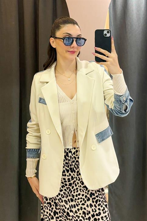 Krem Denim Garnili Oversize Blazer Ceket
