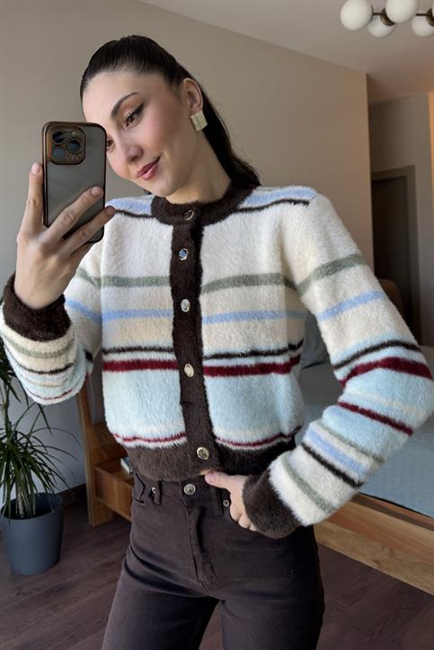Krem Felicita Çizgili Peluş Hırka
