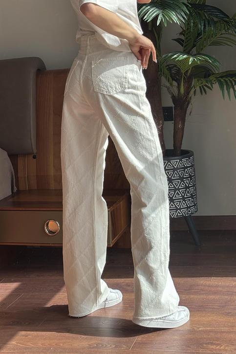 Krem Kendinden Desenli Denim Pantolon