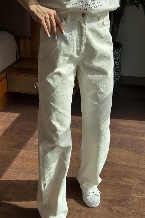 Krem Kendinden Desenli Denim Pantolon