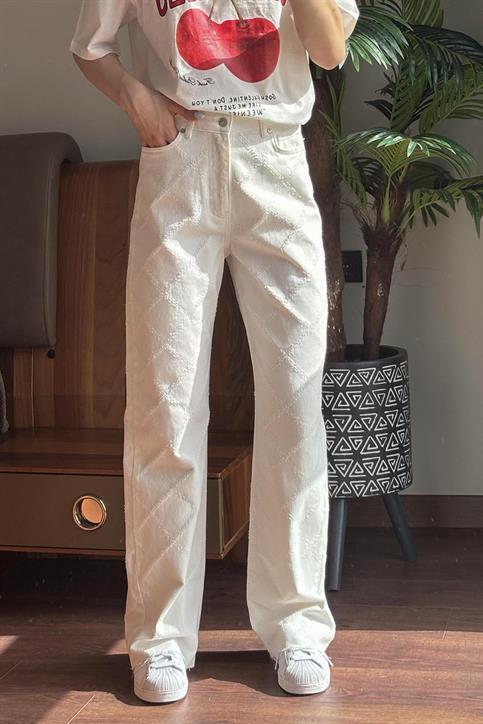 Krem Kendinden Desenli Denim Pantolon