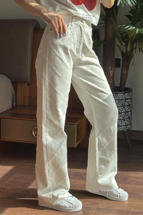 Krem Kendinden Desenli Denim Pantolon