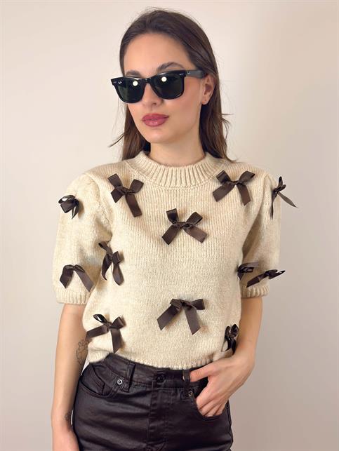 Krem Kurdele Detaylı Kısakollu Crop Kazak