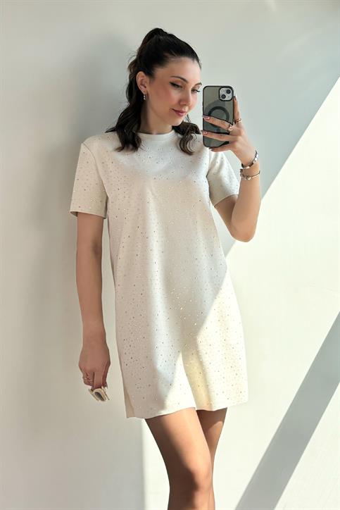 Krem Mini Boy Taş İşlemeli Nubuk Elbise