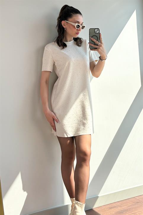 Krem Mini Boy Taş İşlemeli Nubuk Elbise