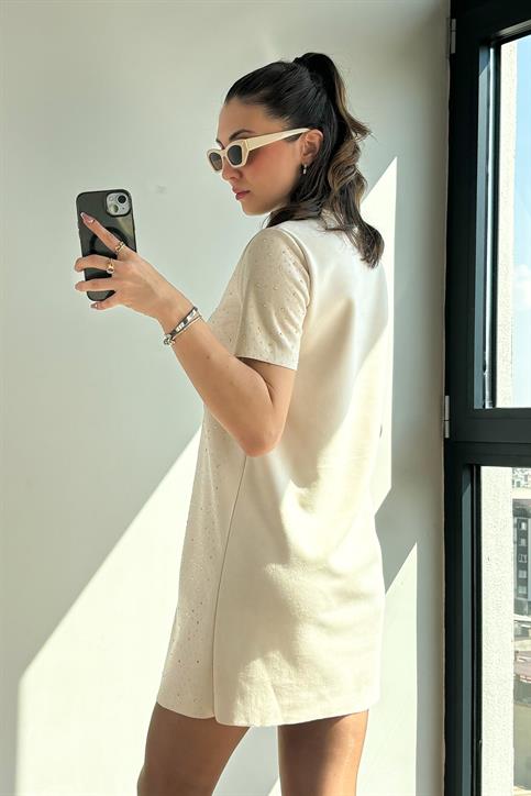 Krem Mini Boy Taş İşlemeli Nubuk Elbise