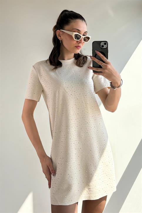 Krem Mini Boy Taş İşlemeli Nubuk Elbise