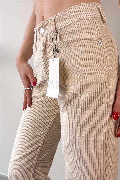 Krem Straight Kesim Kadife Jean Pantolon
