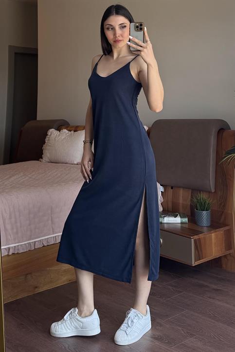 Lacivert Askılı Pike Modal Elbise